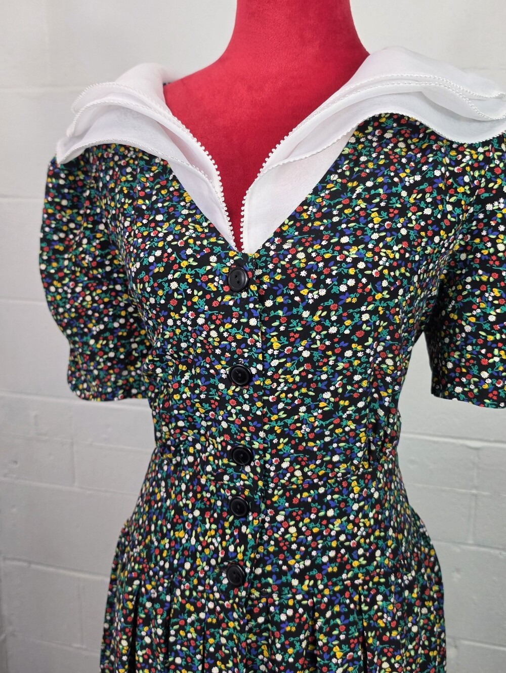 Vintage 80s Sailor Collar Colorful Floral Dotted Maxi Dress Karin Stevens Sz 12